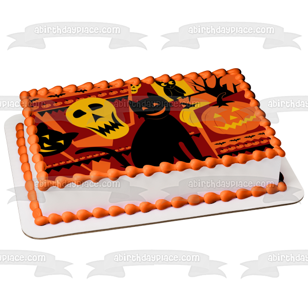 Halloween Black Cat Jack-O-Lantern Skull and Owl Edible Cake Topper Image ABPID04519 Cheap