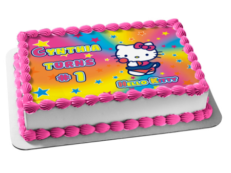 Hello Kitty Candy on a Rainbow Star Spiral Background Edible Cake Topper Image ABPID04557 Online now