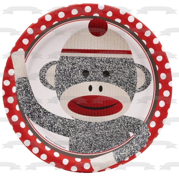 Grey Sock Monkey with a  Red and White Polka Dot Background Edible Cake Topper Image ABPID04517 For Discount