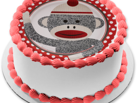 Grey Sock Monkey with a  Red and White Polka Dot Background Edible Cake Topper Image ABPID04517 For Discount