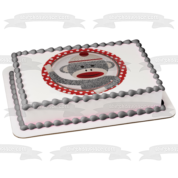 Grey Sock Monkey with a  Red and White Polka Dot Background Edible Cake Topper Image ABPID04517 For Discount