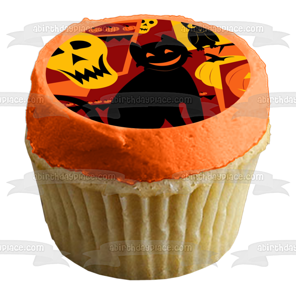 Halloween Black Cat Jack-O-Lantern Skull and Owl Edible Cake Topper Image ABPID04519 Cheap