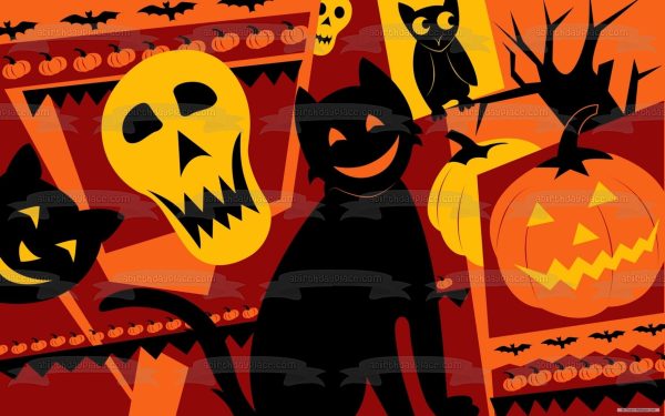 Halloween Black Cat Jack-O-Lantern Skull and Owl Edible Cake Topper Image ABPID04519 Cheap