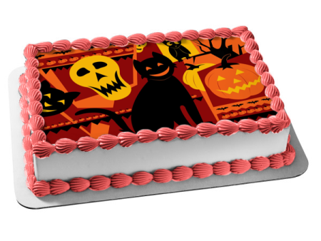 Halloween Black Cat Jack-O-Lantern Skull and Owl Edible Cake Topper Image ABPID04519 Cheap