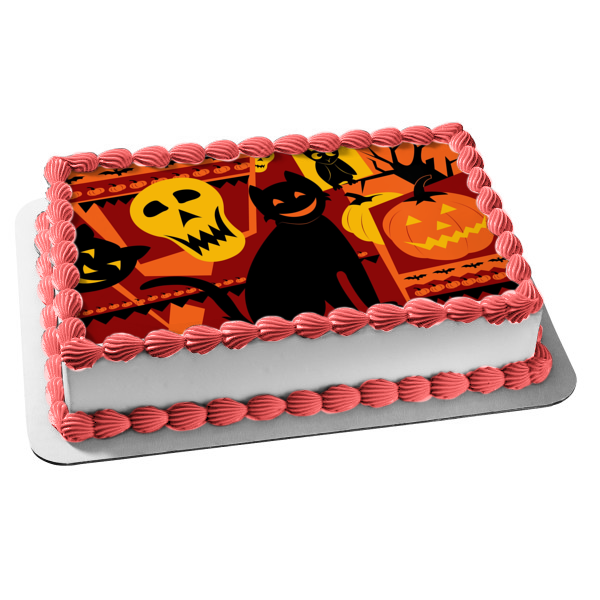 Halloween Black Cat Jack-O-Lantern Skull and Owl Edible Cake Topper Image ABPID04519 Cheap