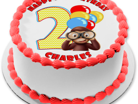 Curious George 2nd Birthday Number 2 Binoculars Baloons Edible Cake Topper Image ABPID04539 Online now