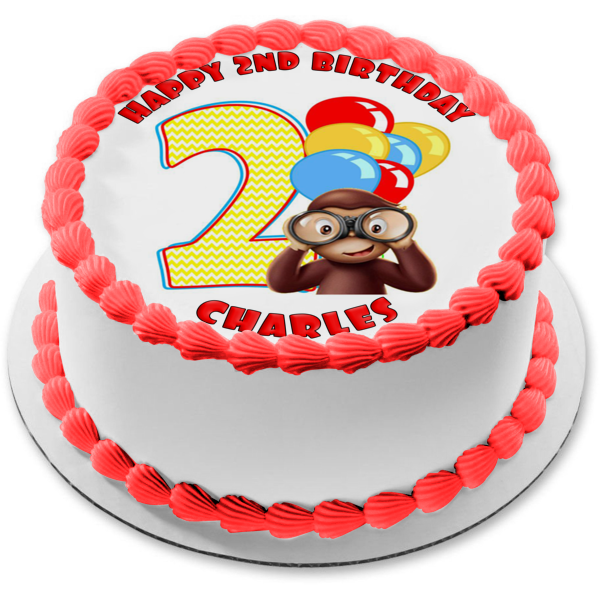 Curious George 2nd Birthday Number 2 Binoculars Baloons Edible Cake Topper Image ABPID04539 Online now